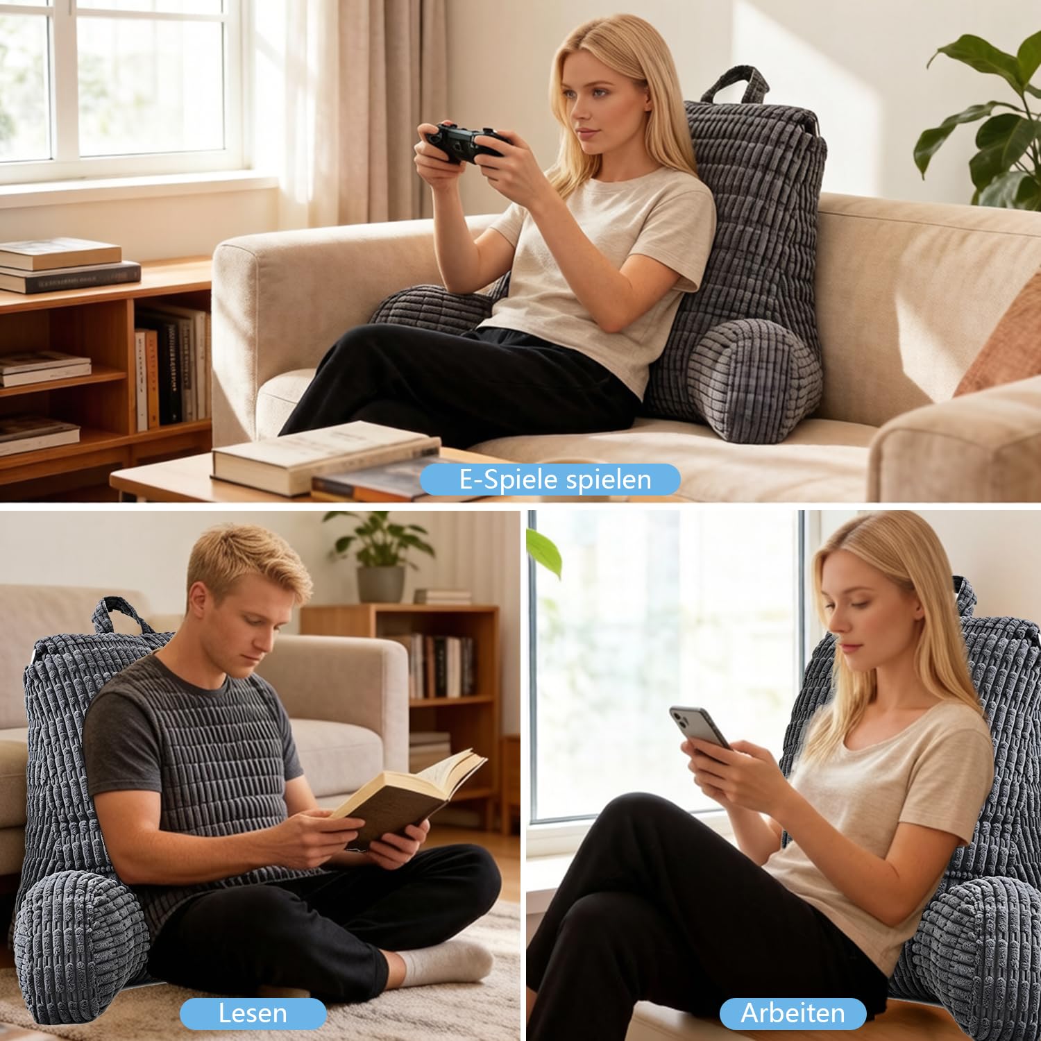 Cojín de lectura para cama y sofá, cojín lumbar lavable con reposabrazos lateral y bolsa de almacenamiento, cojín ergonómico y cómodo para TV, lectura y juegos móviles (80 x 55 cm, gris