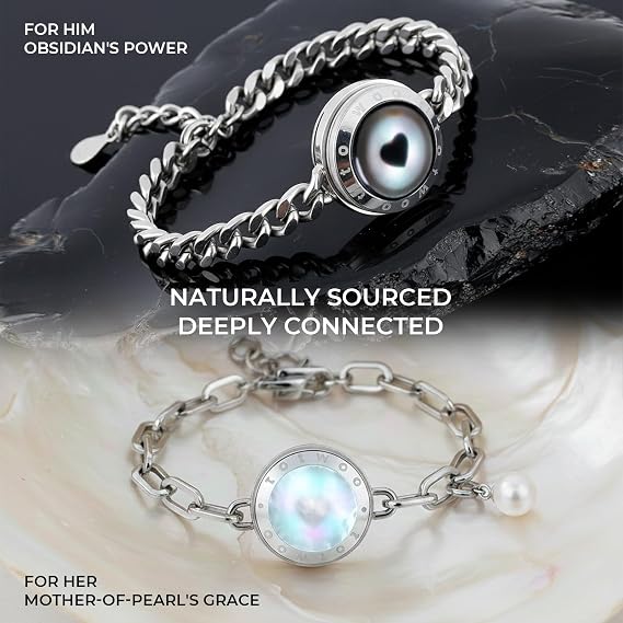 TOTWOO Touch Bracelet for Couple Vibration & Light Up Bracelets Long Distance Gifts Bluetooth App Control Black Onyx and Mother of Pearl