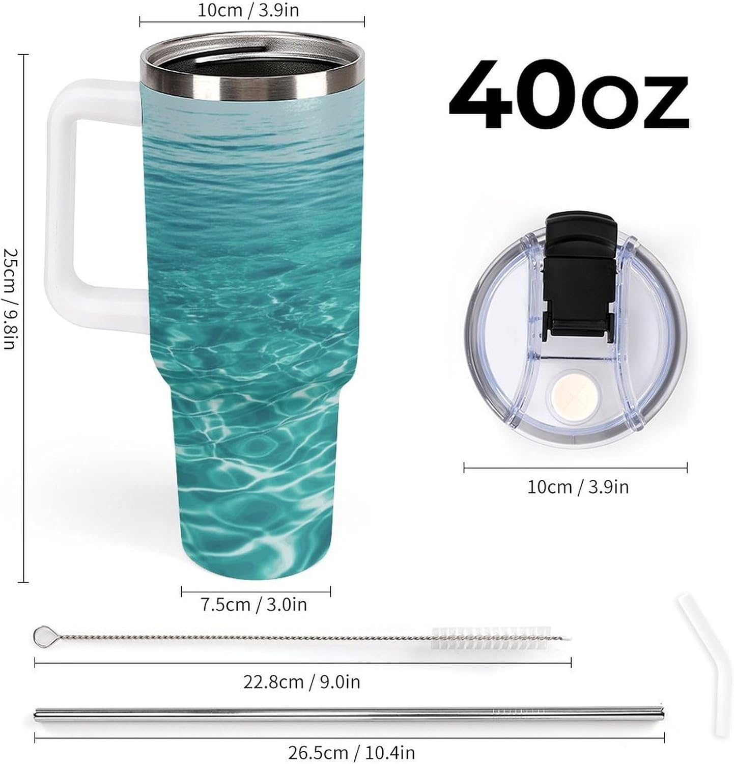 40 Oz Insulated Mug with Handle, Stainless Steel Blue Aqua Pool Water Printed Travel Mug Portable Leak-proof Large Car Mug for Home, Office Or Car
