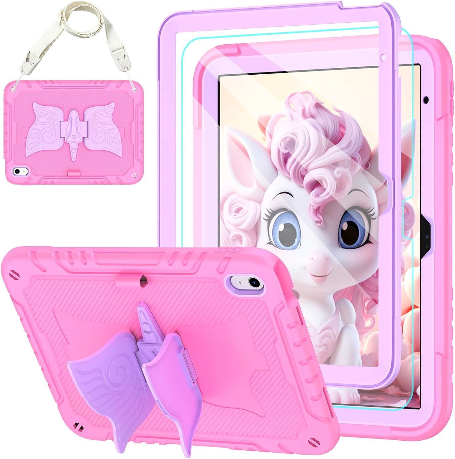 TOMORRY for iPad (A16) 11th Generation 11 Inch 2025/iPad 10th Generation Case 10.9 Inch 2022 with Tempered Glass Screen Protector,Unicorn Stand,Shoulder Strap,for iPad 10 Case Kids Girls (Pink)