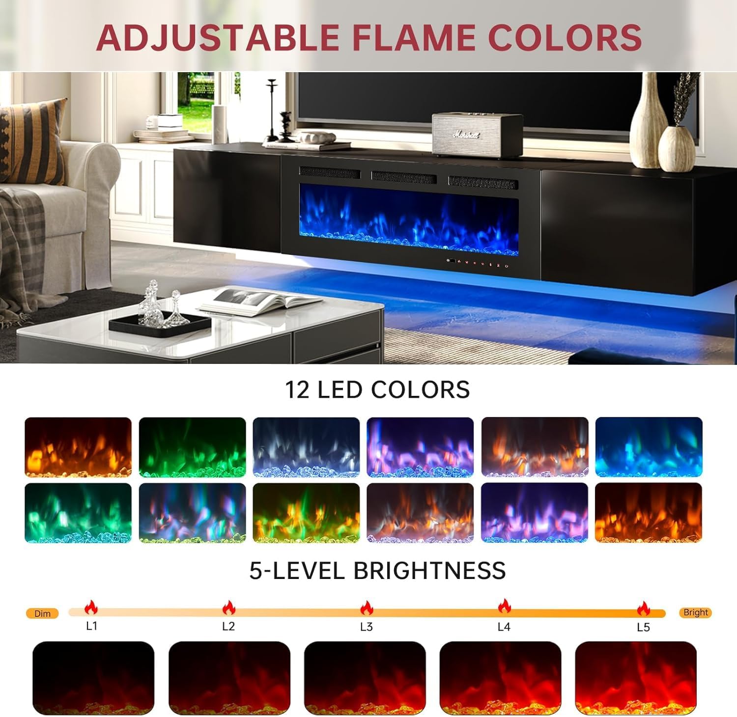 MXV 80'' Floating TV Stand with 40" Electric Fireplace, Modern Media Entertainment Center, TV Console Cabinet Wall Mounted with Adjustable 12-Color LED Lights, for Living Room, Black + Black