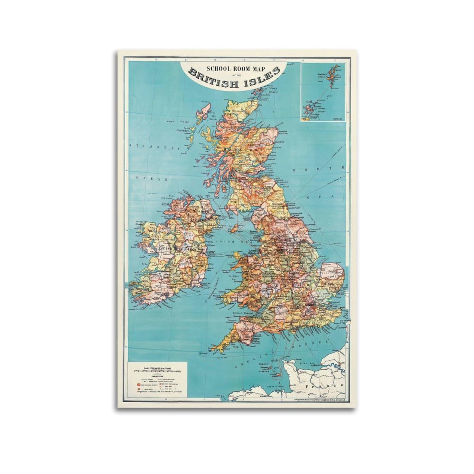 OKAHYS Vintage Map Poster Europe British Isles Map Decorative Painting Canvas Wall Artworks Picture 24x36inch(60x90cm)
