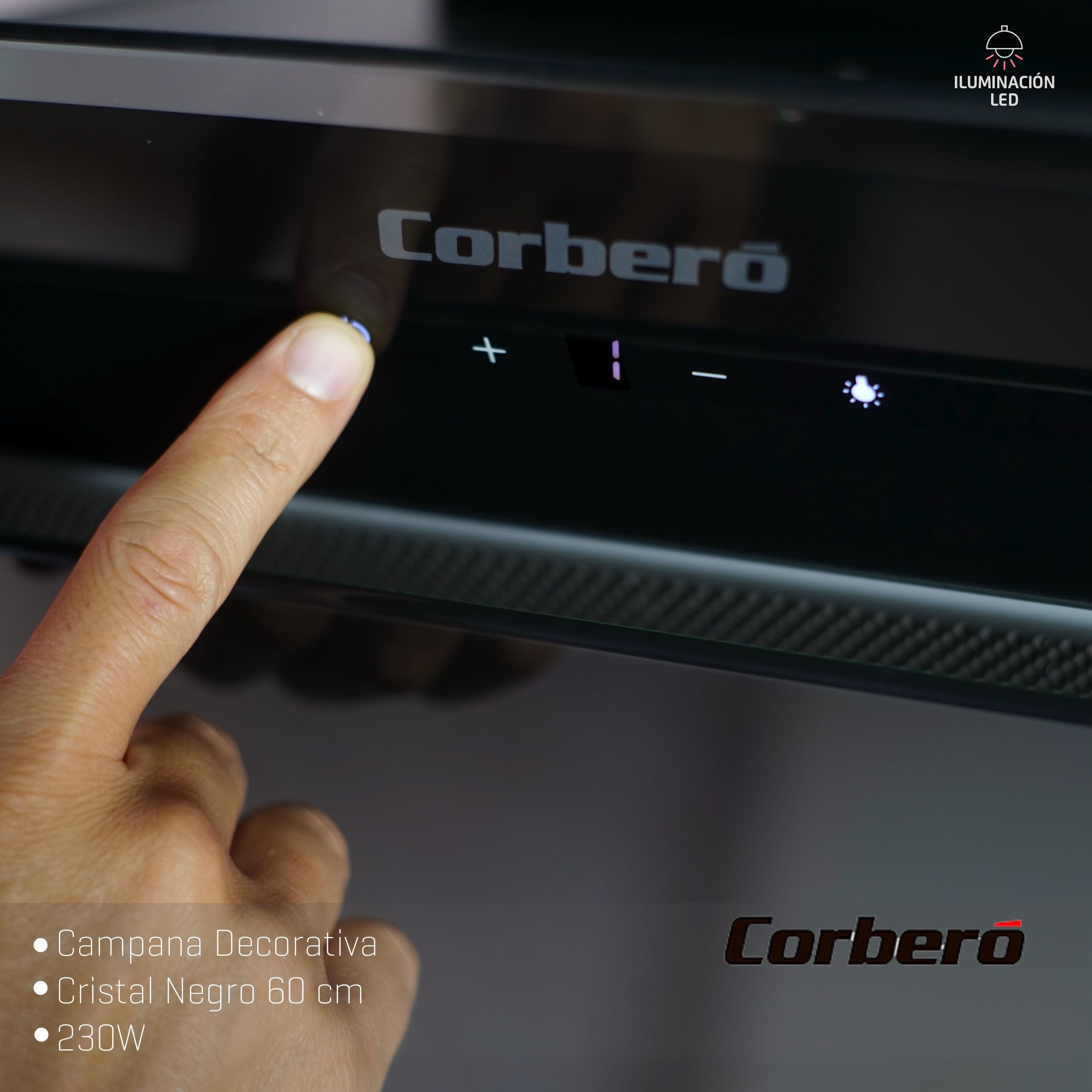Corbero - Campana Extractora 60 cm | ONEGA675B | 705.2 m3/h | 66db| 230W | 4 Velocidades | Control Tactil| Vidrio Templado | 1 Filtro Aluminio + 1 Filtro Carbón | Blanco