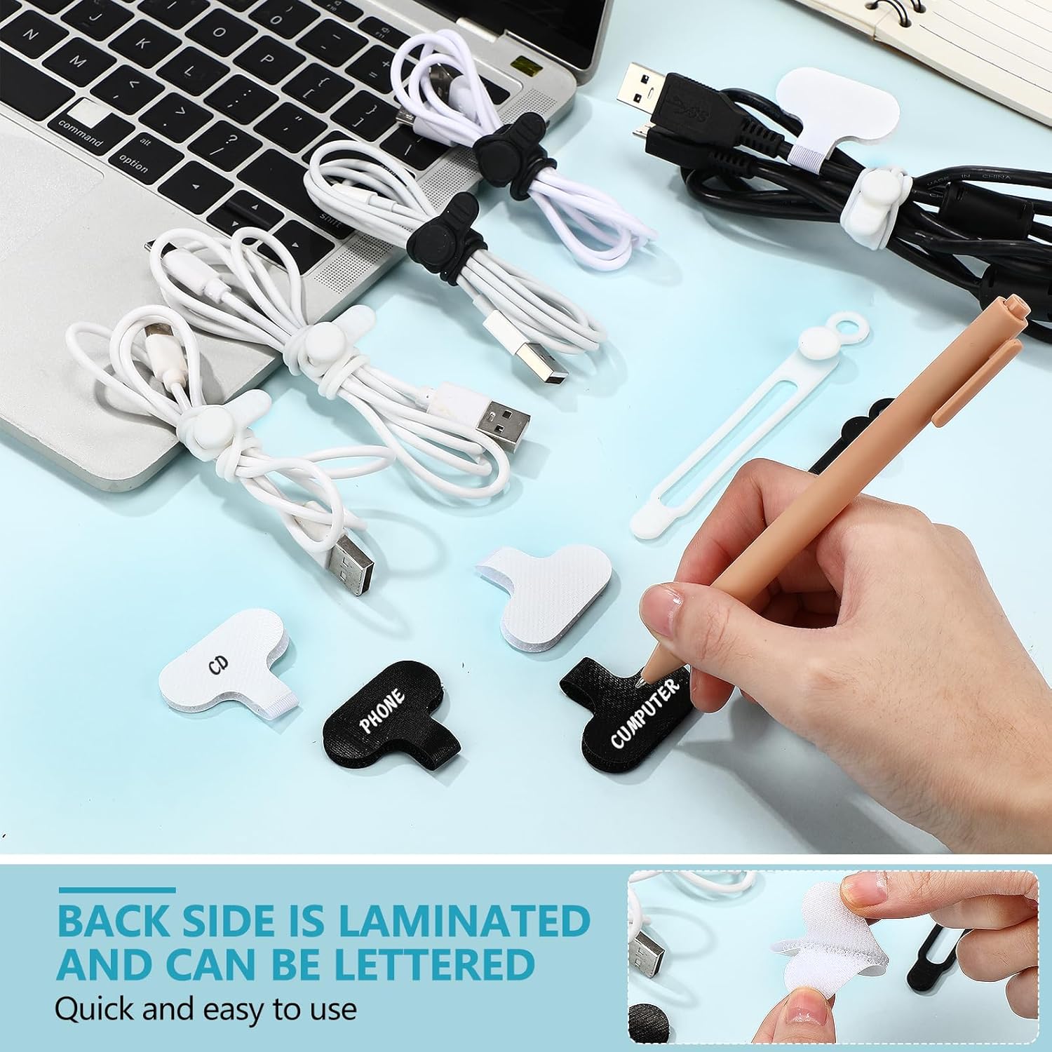 AceOrbit 40 Pcs Silicone Cable Ties and Cable Labels Sets 20 Silicone Cord Ties 20 Identification Cord Labels Multipurpose Reusable Wire Organizer for Fastening Phone Charger Home Office Supplies