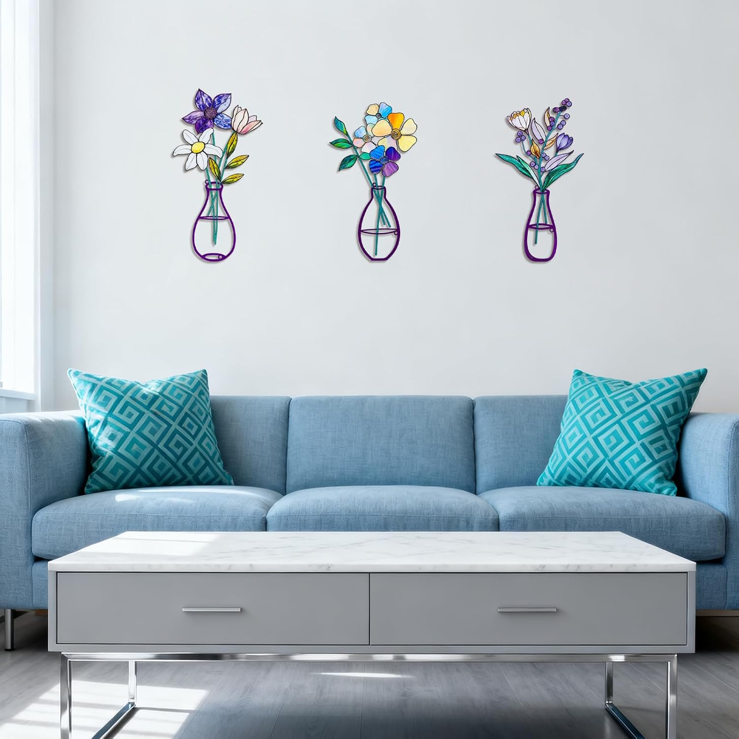 3 Pcs Metal Flowers Wall Arts,Metal Vase Wall Art,Iron Art Painting,Rustic Farmhouse Decor Minimalist Flower Wall Decor for Bedroom Bathroom Living Room Dining Room (Set G) image 5