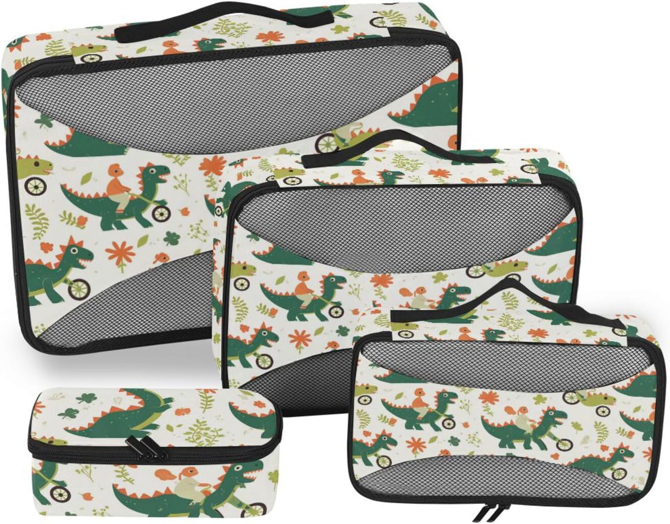 Childish Doodle Green Dino 4 Pcs set organizer bags for Mesh Travel Essentials expandable cubes for packing