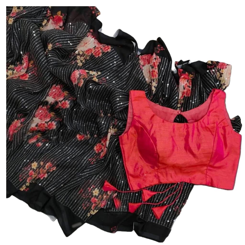 GoSriKiWomen's Premium Georgette Floral Digital Printed Full Sequnce Work Saree With Blouse Piece (RHFS-BLACK-GS_Black_Free Size)