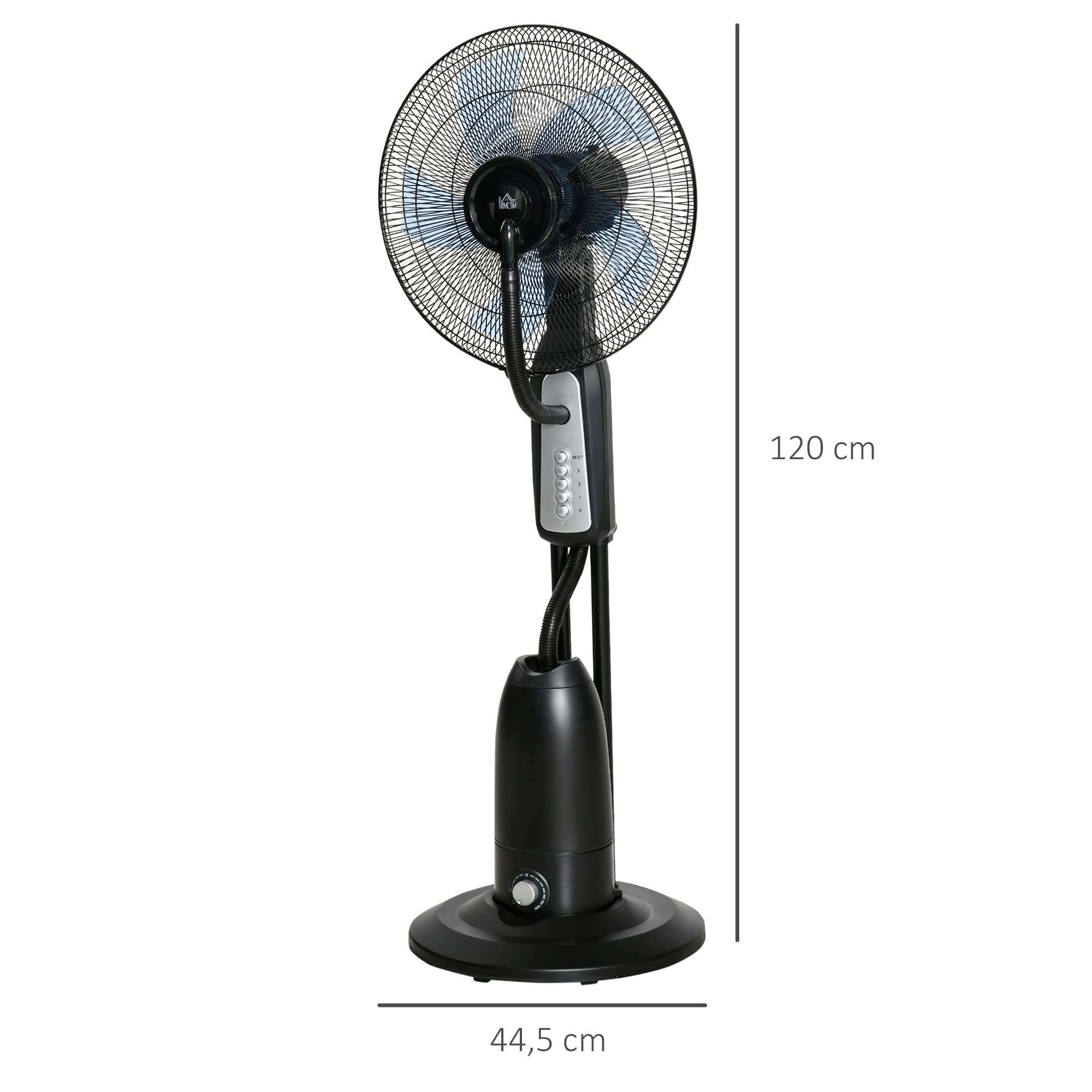 HOMCOM Ventilateur brumisateur silencieux 90 W, ventilateur sur roulettes 120 cm avec 3 vitesses, oscillation à 70°, tête inclinable, réservoir d'eau de 2,8L, noir