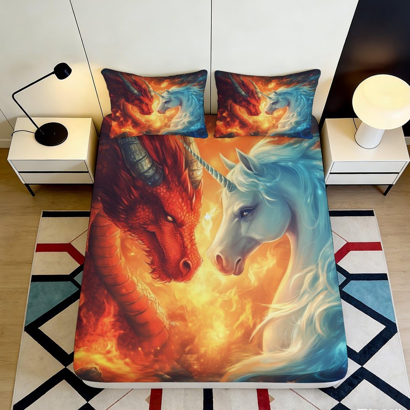 3D Printed Dragon Unicorn Fitted Sheet Microfiber Orange Blue Mattress Cover Anti-Slip Machine Washable Art Decor for Bedroom Dorm 200x200x25cm