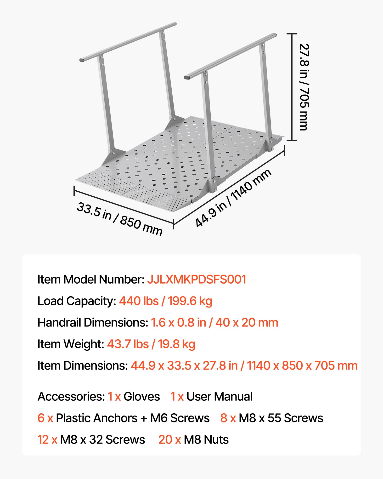 VEVOR Rollstuhlrampe mit Handläufen, 1140x850x705mm Schwellenrampe mit Max. 199,6kg Tragkraft, rutschfeste Auffahrschiene aus Metall, Tragbare Auffahrrampe für Scooter Türschwelle Bordsteine Treppen