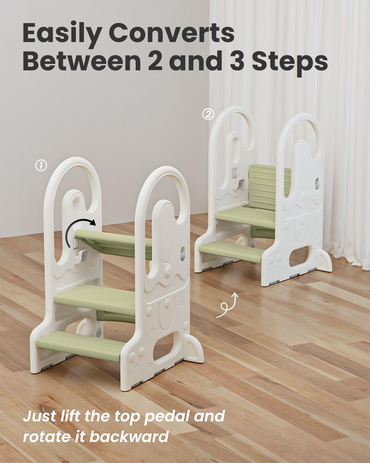 Sgabello per Bambini con Maniglie di Sicurezza, Regolabile a 2 o 3 Livelli, Pedana Alzabimbo Antiscivolo per Bagno, Cucina e Uso del Vasino (Verde)