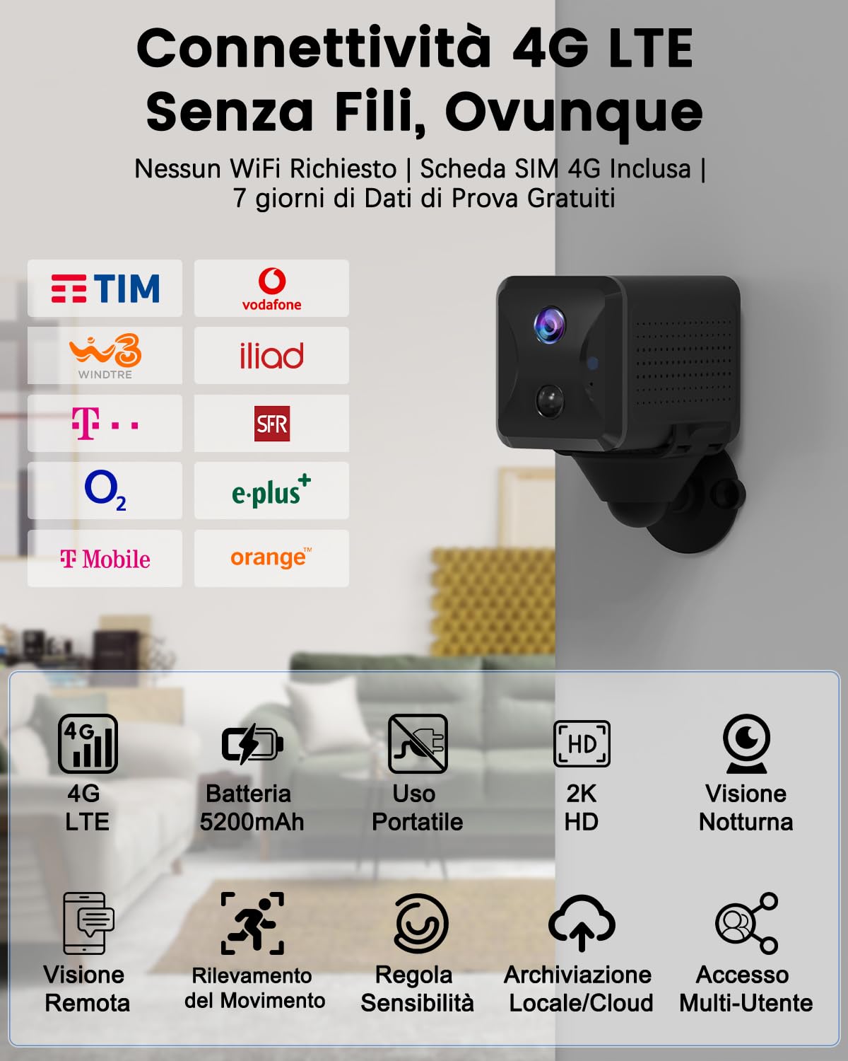 UCOCARE Telecamera con SIM, 2K Mini Telecamera senza WiFi con SIM 4G | Batteria 5200mAh, AI Rilevamento Movimento, Visione 160°, Visione Notturna, Interno/Esterno per Auto, Campeggio e Viaggi