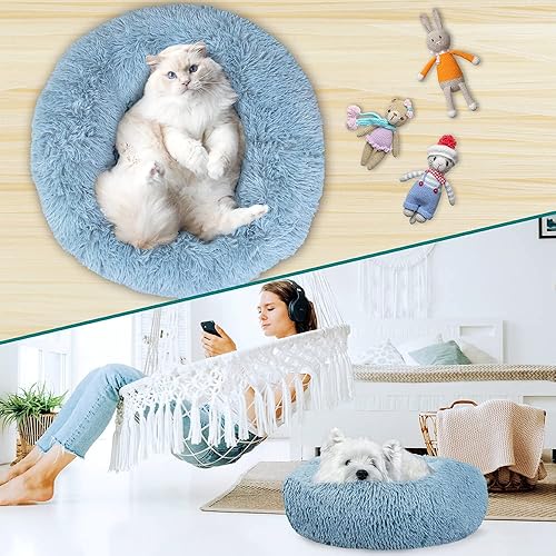 Miniatura 8 de PetAmi Cama calmante para perros pequeños y medianos, lavable con forma de dona redonda, cojín de felpa de piel sintética esponjosa, antideslizante,