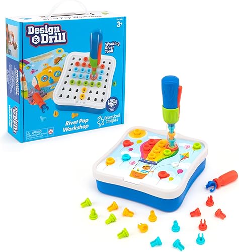 Educational Insights Design Drill Rivet Pop Workshop 54 piezas con taladro eléctrico de juguete juguete STEM niños y niñas a partir de 3 años