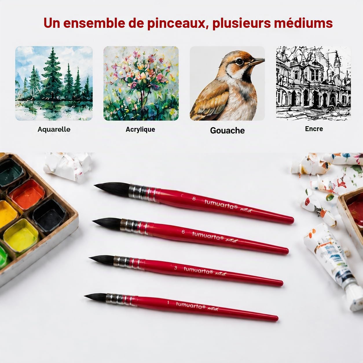 tumuarta Lot de 9 pinceaux aquarelle à manche court en poils d'écureuil synthétiques n° 0-8 8 ronds, 1 plat (rouge)