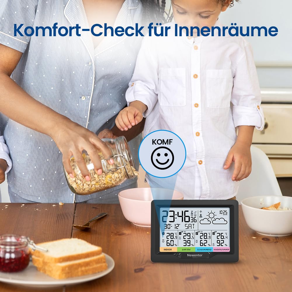 Newentor Wetterstation Funk mit 3 Außensensor Innen und Außen Thermometer Hygrometer DCF-Funkuhr Multifunktionale Funkwetterstation mit Wettervorhersage