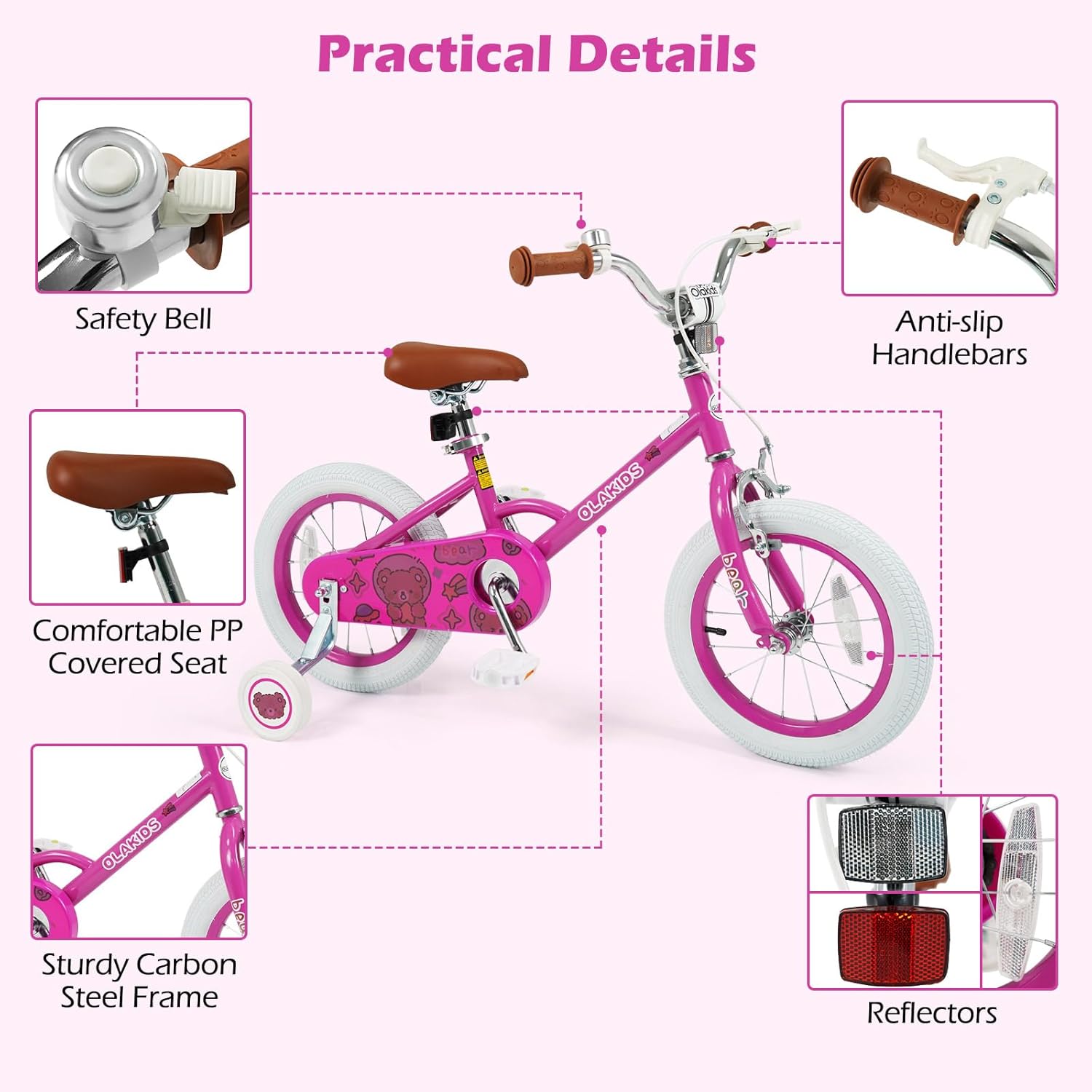 Olakids Kids Bike, 12 14 16 18 Inch Bear Themed Toddlers Bike with Training Wheels Adjustable Seat Handlebar Coaster Brake and Handbrake, Children's Bicycle for Boys Girls