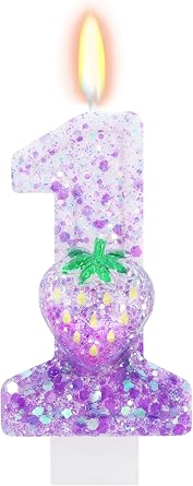 Strawberry Candle for Berry First Birthday Decor - Number 1 Candle Cake Topper for 1st Birthday Decorations Girl Purple