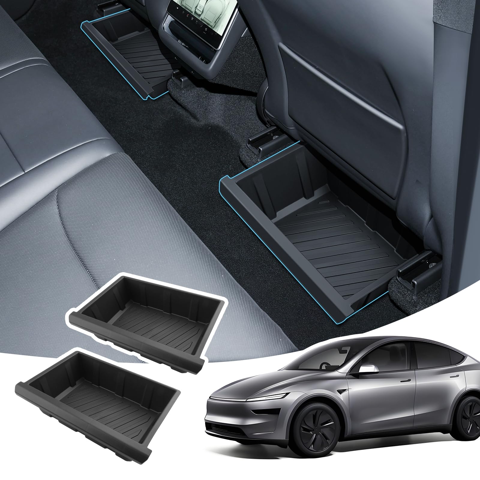2 Piezas Caja Del Almacenamiento Debajo De La Asiento Para Tesla Modelo Y 2026 2025 2024 2023, TPE Bandeja Oculta Del Organizador Del Asiento Delantera Para Model Y Juniper Accesorios
