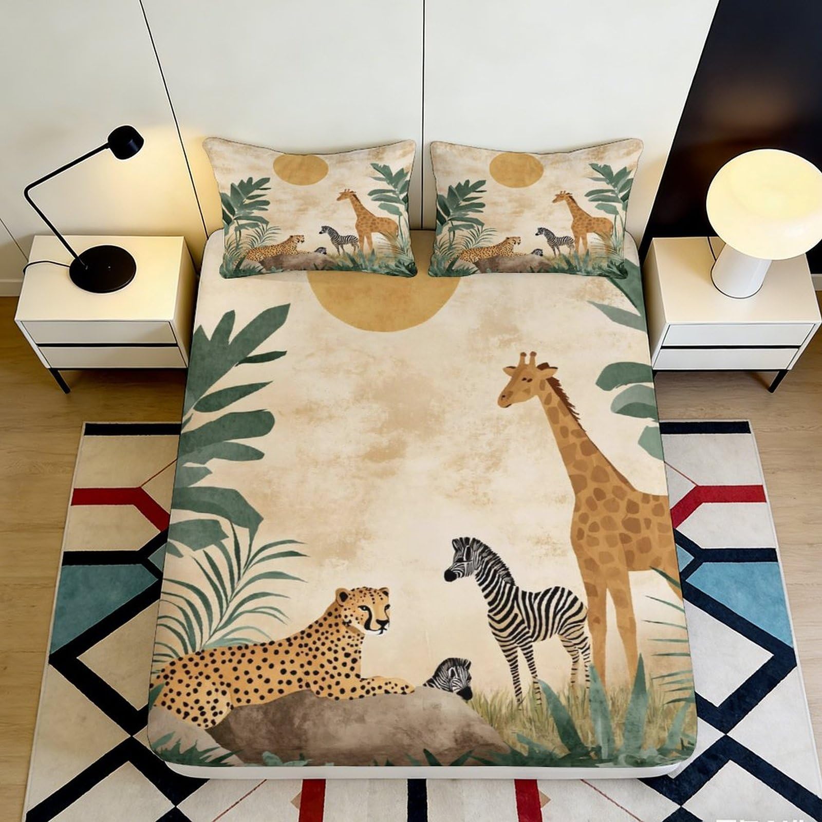 3D Printed Jungle Animal Fitted Sheet Microfiber Deep Pocket Bedroom Bedding Elastic Hem Safari Mattress Fitted Cover for Adults 200x200x25cm