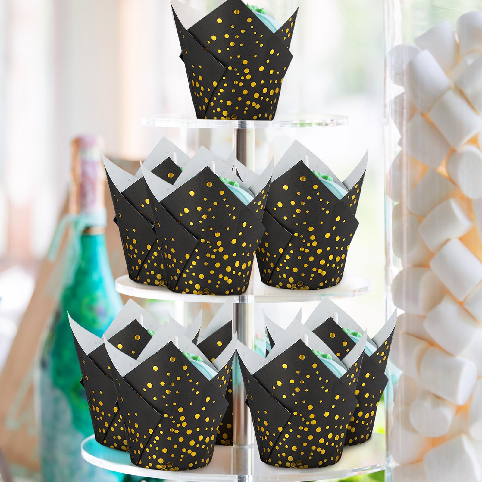 Gerrii 200 moldes de papel para cupcakes de tulipán, envoltorios para cupcakes, fiestas de té, mini bandejas para magdalenas, bodas, fiestas de novia, baby shower, decoración (lunares dorados negros)