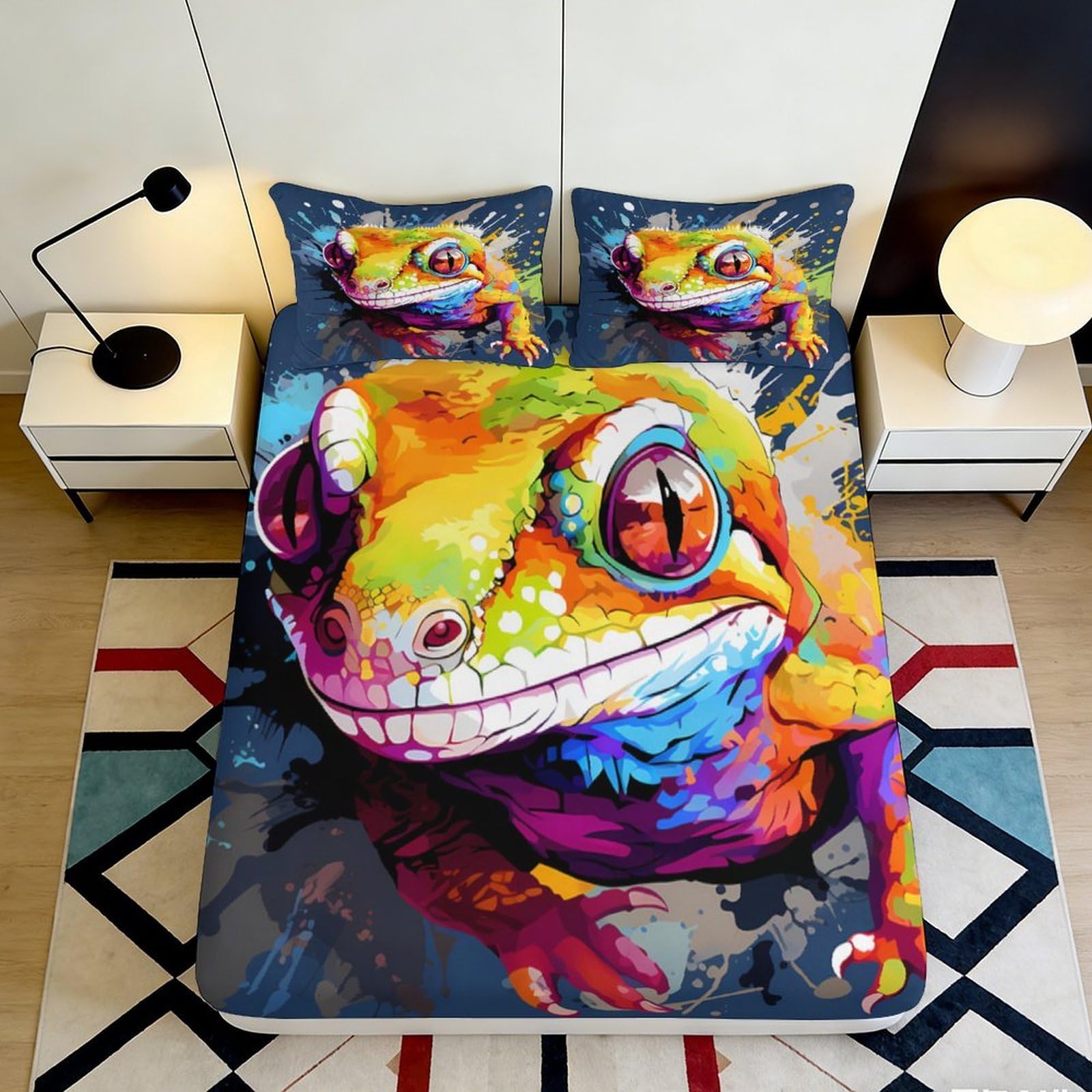 3D Printed Colourful Gecko Fitted Sheet Microfiber Soft Breathable Graffiti Lizard Bed Cover for Bedroom Dorm Decor 90x200x25cm