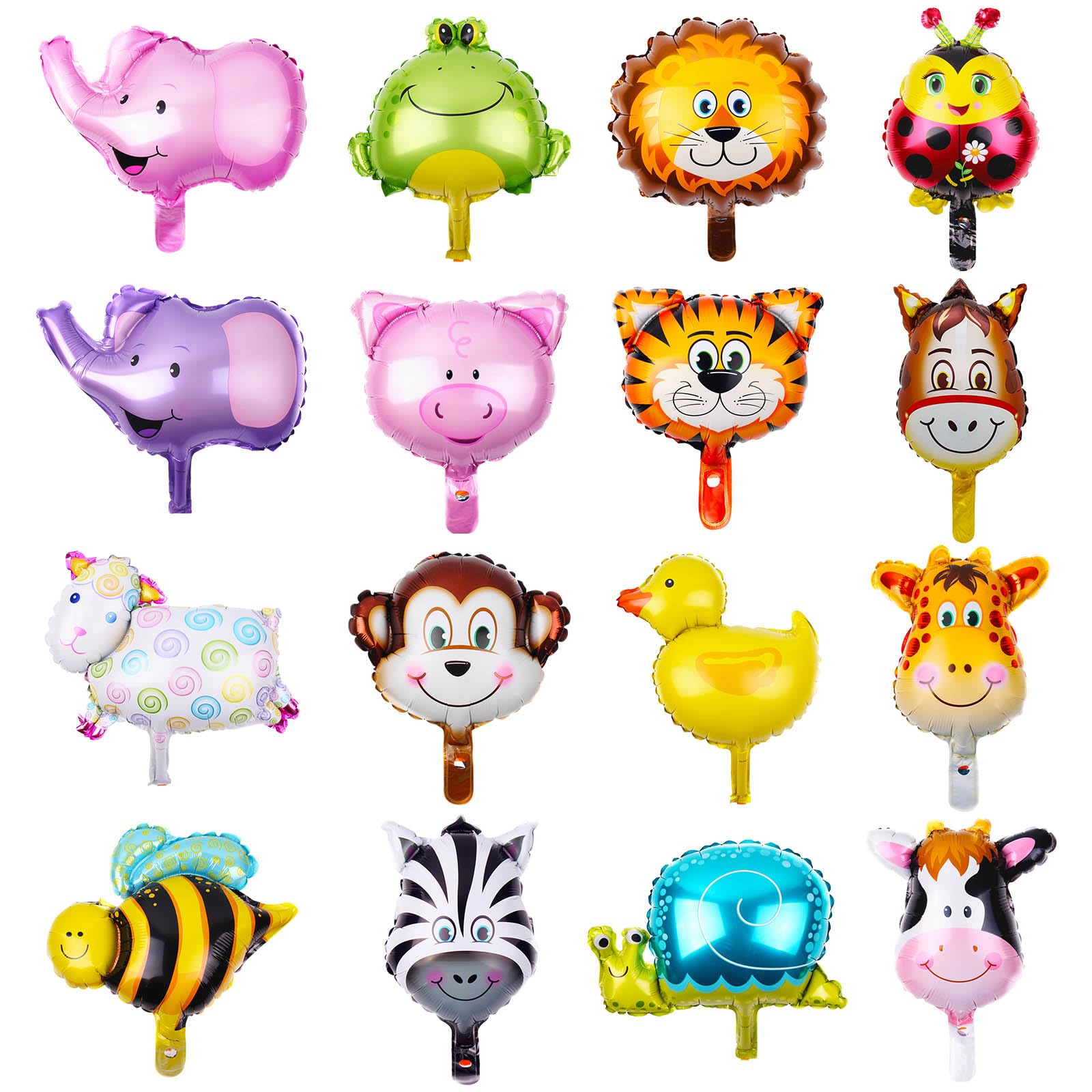 OSDUE Folienballon Waldtiere, 16 Stück Luftballons Tiere, Tierkopf Riesenballon, Elefantenbaby, Löwenbaby, Tigerbaby, Giraffe, Kuh, Affe, Zebra, Lamm, Frosch, Ente