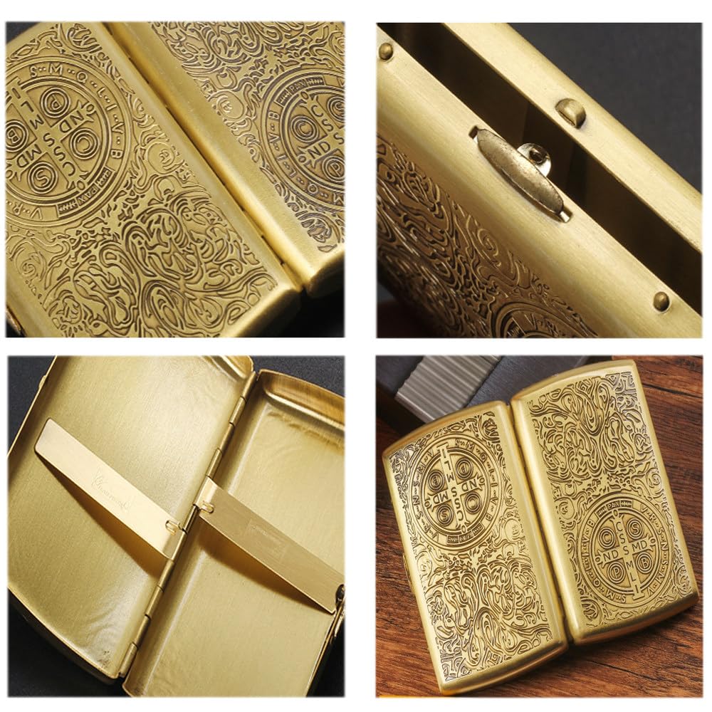 Metal Embossed Cigarette Case, Can Hold 12 Ordinary Thick Cigarettes, Unisex, Double-Sided Spring Clip, Copper Chrome-Plated Material, Pressure-Resistant and Portable,Suitable for Smokers