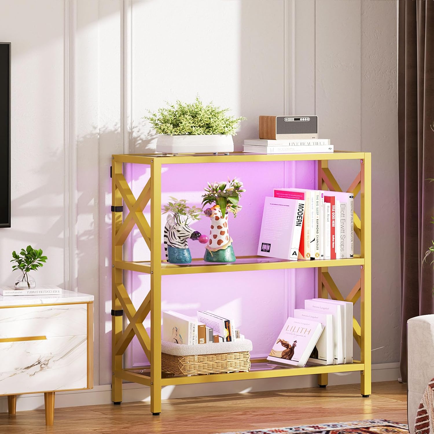 Homieasy Bookshelf Bookcase 3 Tier with Tempered Glass Shelf, Gold Display Shelf with Led Light for Collectibles, Heavy Duty Metal Frame Storage Rack, Modern Tall Bookshelf Living Room Office, Gold - Image 8