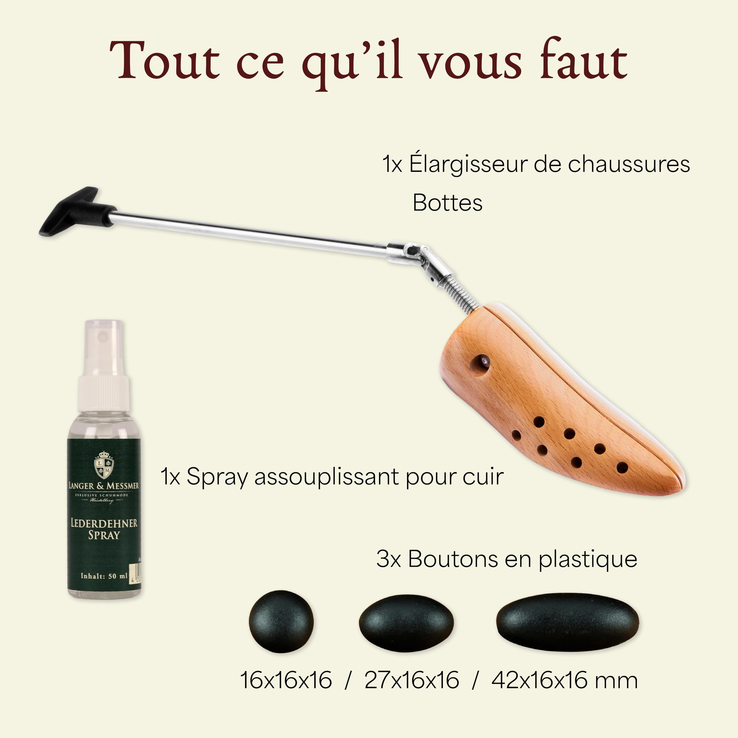 Langer & Messmer ecarteur chaussures pour femmes contre les chaussures ou bottes qui serrent en bois de hêtre et un mécanisme stable en métal incl. assouplisseur cuir chaussure 50 ml