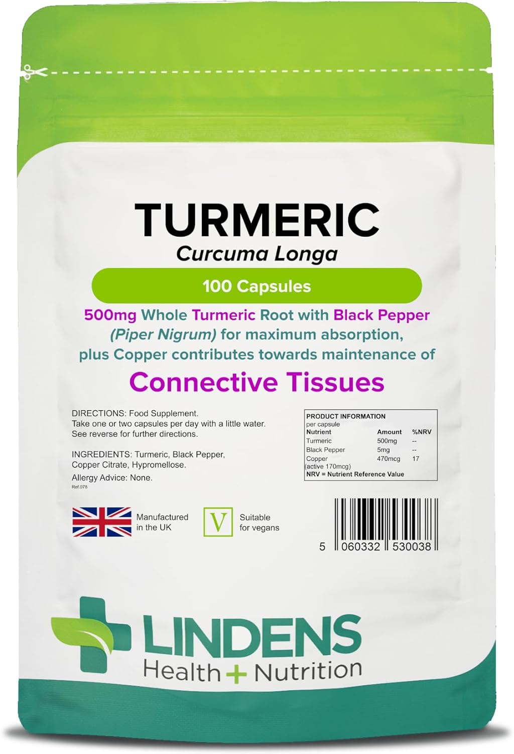 Lindens Turmeric 500mg with Black Pepper – 100 Vegan Capsules | 1-A-Day | UK Manufacturer – 1000mg per Serving | Natural Curcumin | Easy to Swallow & Digest Capsule | Letterbox Friendly (3+ Months Supply)