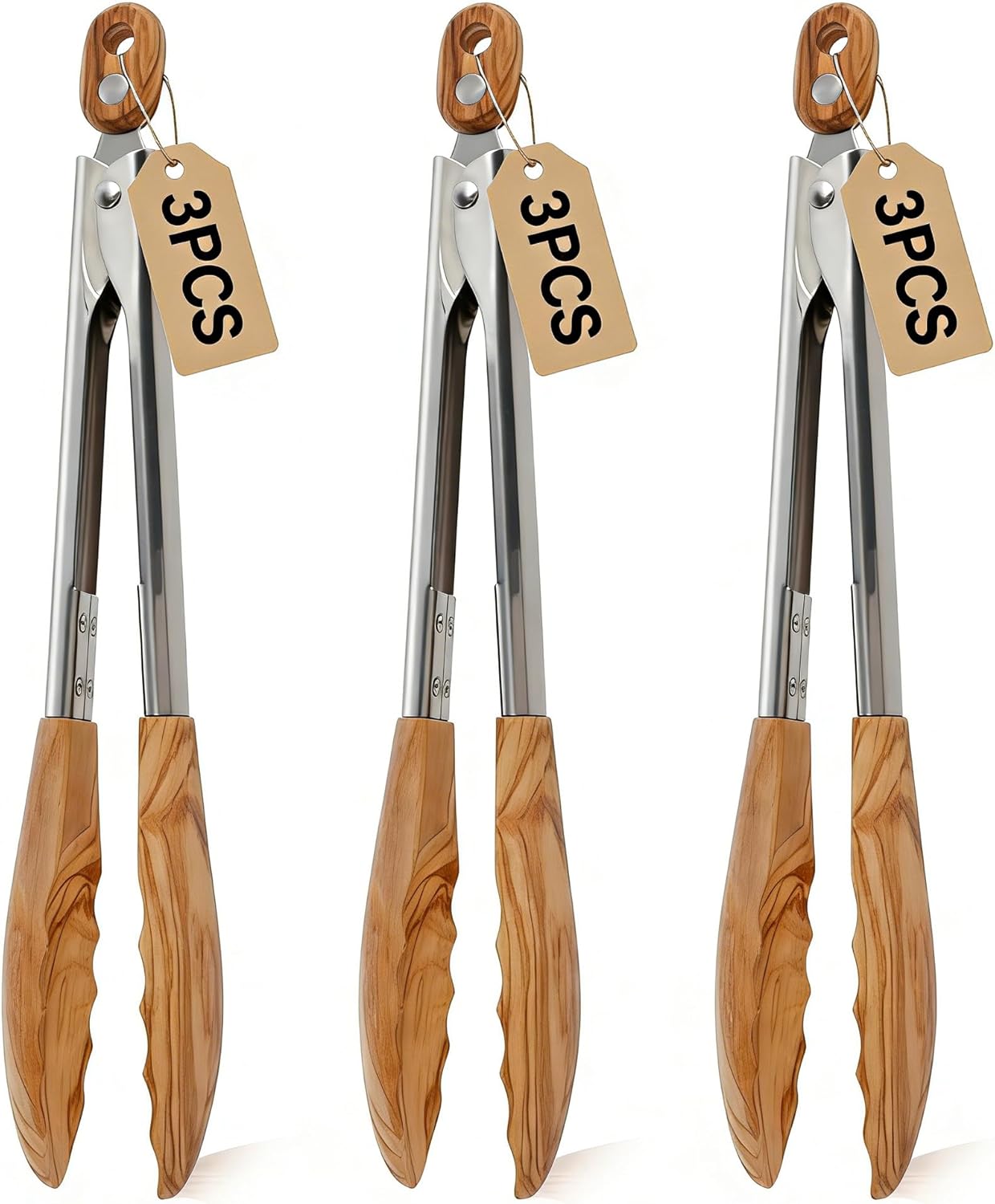 3Pcs Olive Wood Cooking Tongs with Woods Tips and Stainless Steel Handle Locking Kitchen Tongs Nonstick Wood Tongs Multifunctional Salad Tongs for Cooking Serving Grilling