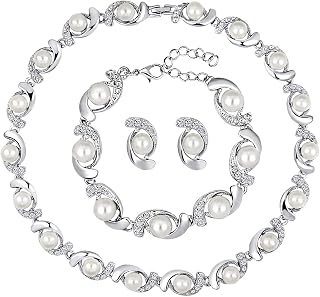 4 Pcs Faux Pearl Necklace Earrings Bracelet Set For Women Wedding Bridal Simulated Pearl Necklace Bracelet Earrings Jewelry Set Crystal Bridal Necklace Bracelet Earrings Sets