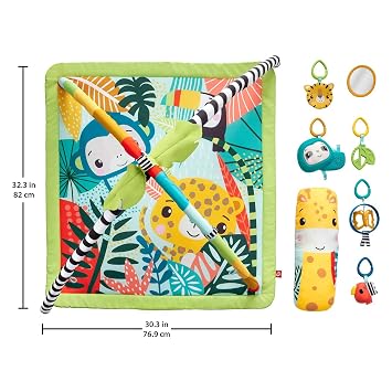 Fisher-Price Baby Playmat 3-in-1 Rainforest Sensory Gym with Music & Lights, Tummy Wedge & 5 Developmental Toys for Newborns 0+ Months