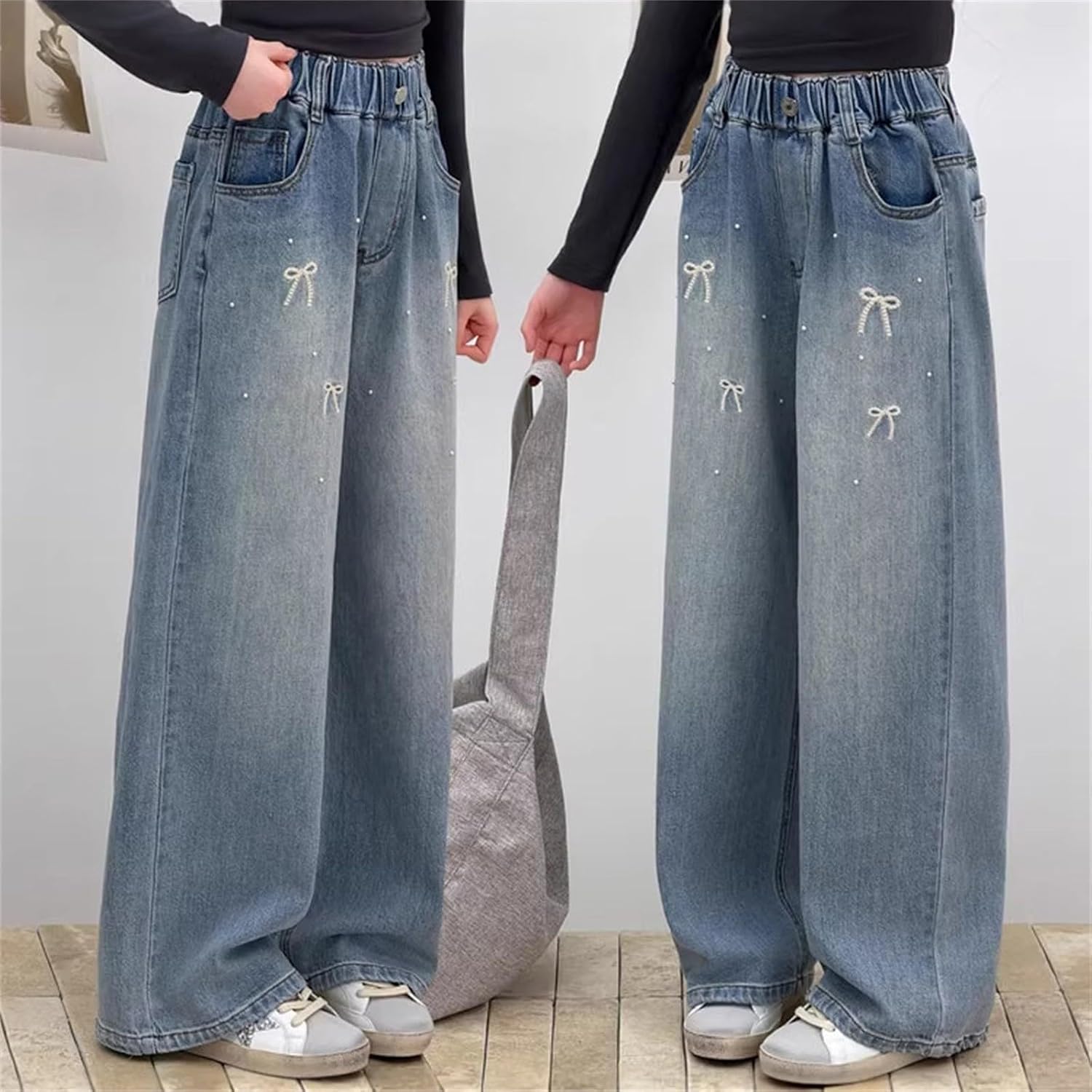 Girls Baggy Jeans Cute Bow Wide Leg Elastic High Waist Y2k Denim Pants