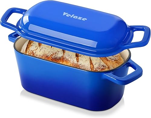 Miniatura 10 de Velaze 3.6QT Horno holandés para hornear pan, olla ovalada de hierro fundido esmaltada con tapa y asas desplazadas, apta para horno hasta 500°F para