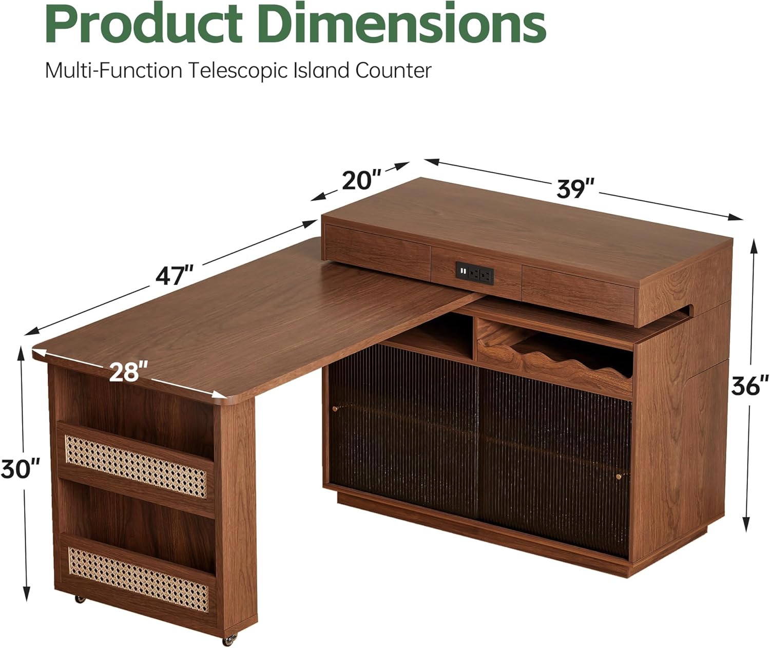 47" Expandable Mobile Kitchen Island with Power Outlet, 180° Sliding Table Top with Wheels, Extendable to 83", Multifunctional Storage Dining Table for Kitchen, Dining & Living Room, Walnut Finish