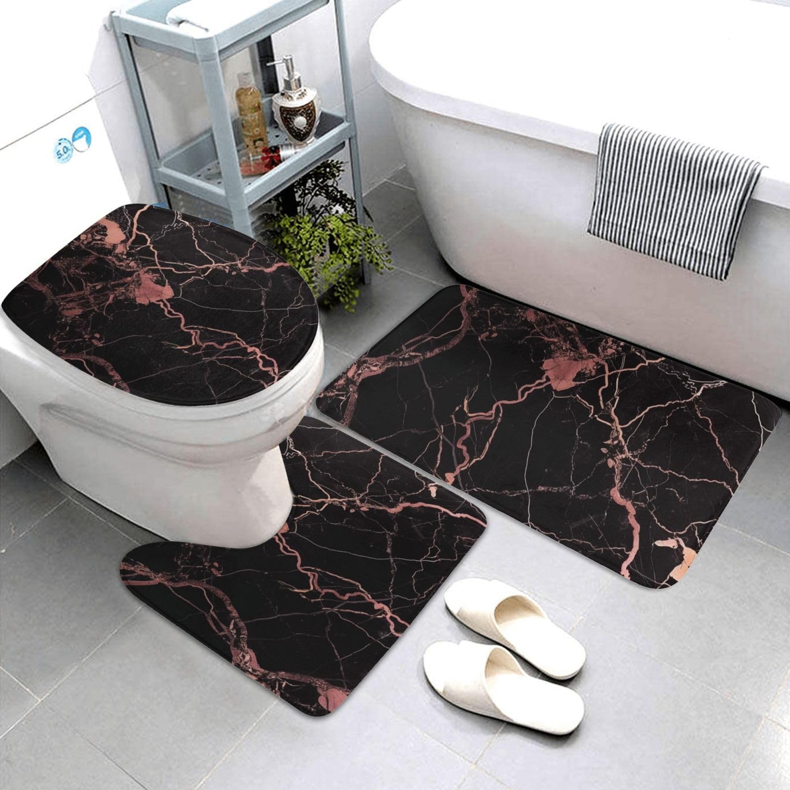 Lot de 3 tapis de bain antidérapants et absorbants en flanelle avec motif marbré noir et or rose