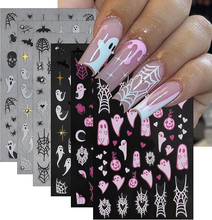 6 Sheets Halloween Ghost and Spider Art Stickers - Pink White With Rhinestones Design - 3D Self-Adhesive Web Nail Decals - Bat Skull Supplies for Halloween Decoration