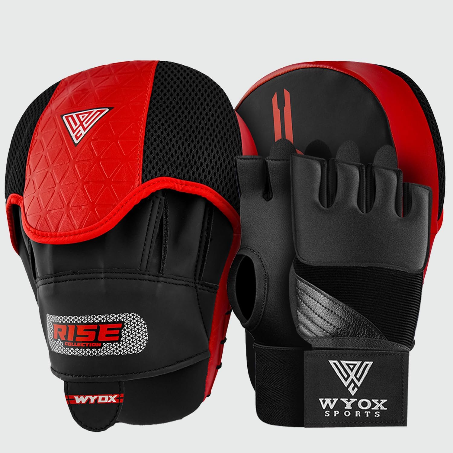 WYOX Gel Boxing Hand Wraps & Curved Focus Mitts Bundle for Men & Women Adults – 80cm Wrist Straps, Padded Knuckle Support, Neoprene Inner Glove Gel Padding, MMA Muay Thai Kickboxing Training Pads