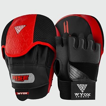 WYOX Gel Boxing Hand Wraps & Curved Focus Mitts Bundle for Men & Women Adults 80cm Wrist Straps, Padded Knuckle Support, Neoprene Inner Glove Gel Padding, MMA Muay Thai Kickboxing Training Pads