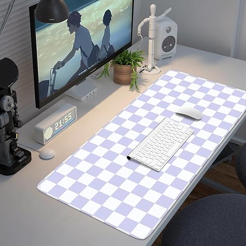 Miniatura 7 de iCasso Alfombrilla de escritorio XXL grande con bordes cosidos, alfombrilla de teclado para escritorio (cuadros morados)