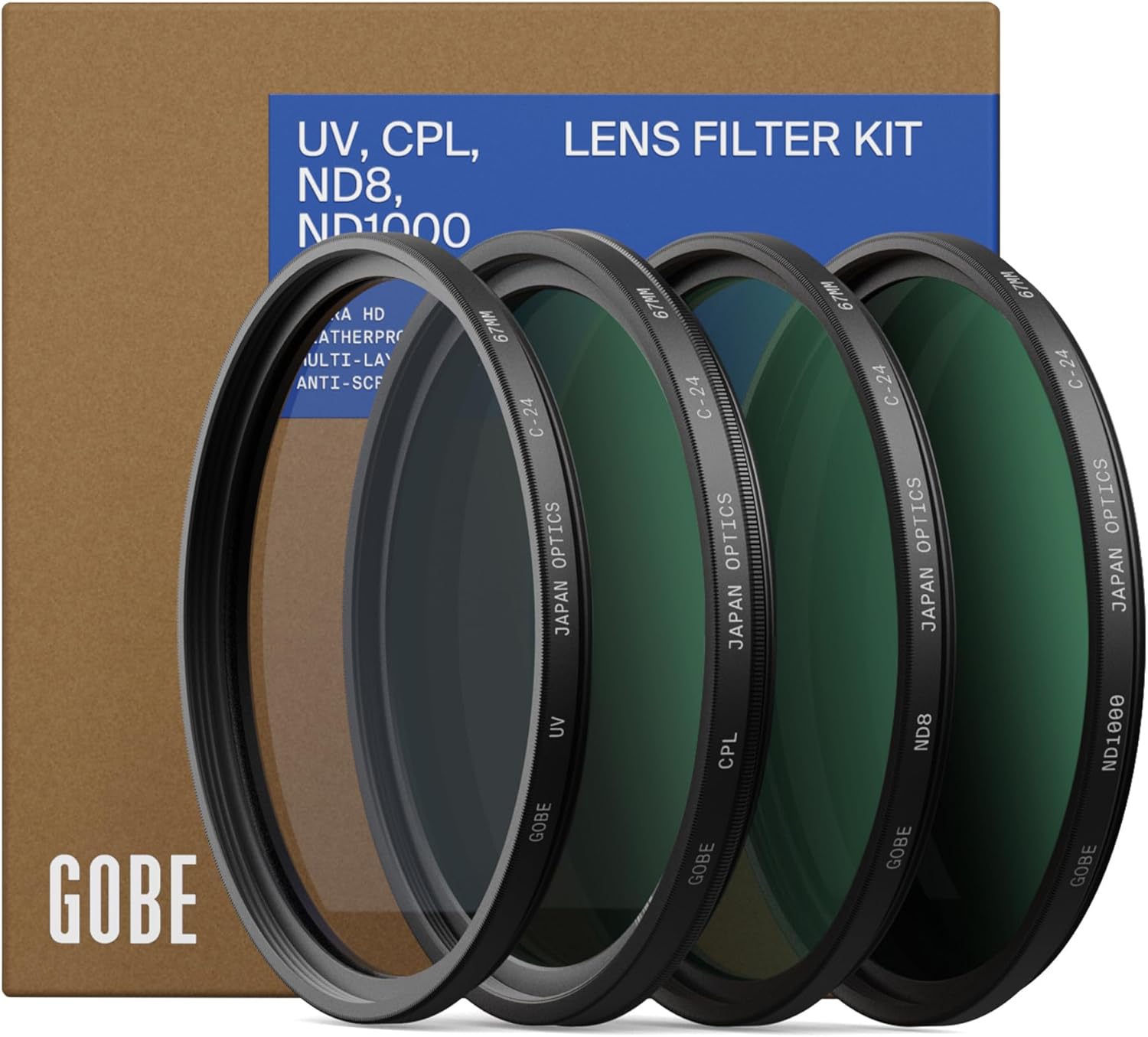 Gobe 37mm UV, Circular Polarizing (CPL), ND8, ND1000 Lens Filter Kit