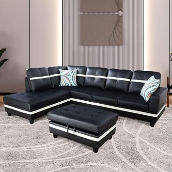 L-Shaped 3-Piece Semi PU Synthetic Leather Sofa with Storage Ottoman Set, Sectional Couch Sofa Set for Living Room, Office, Small Space, Black and White