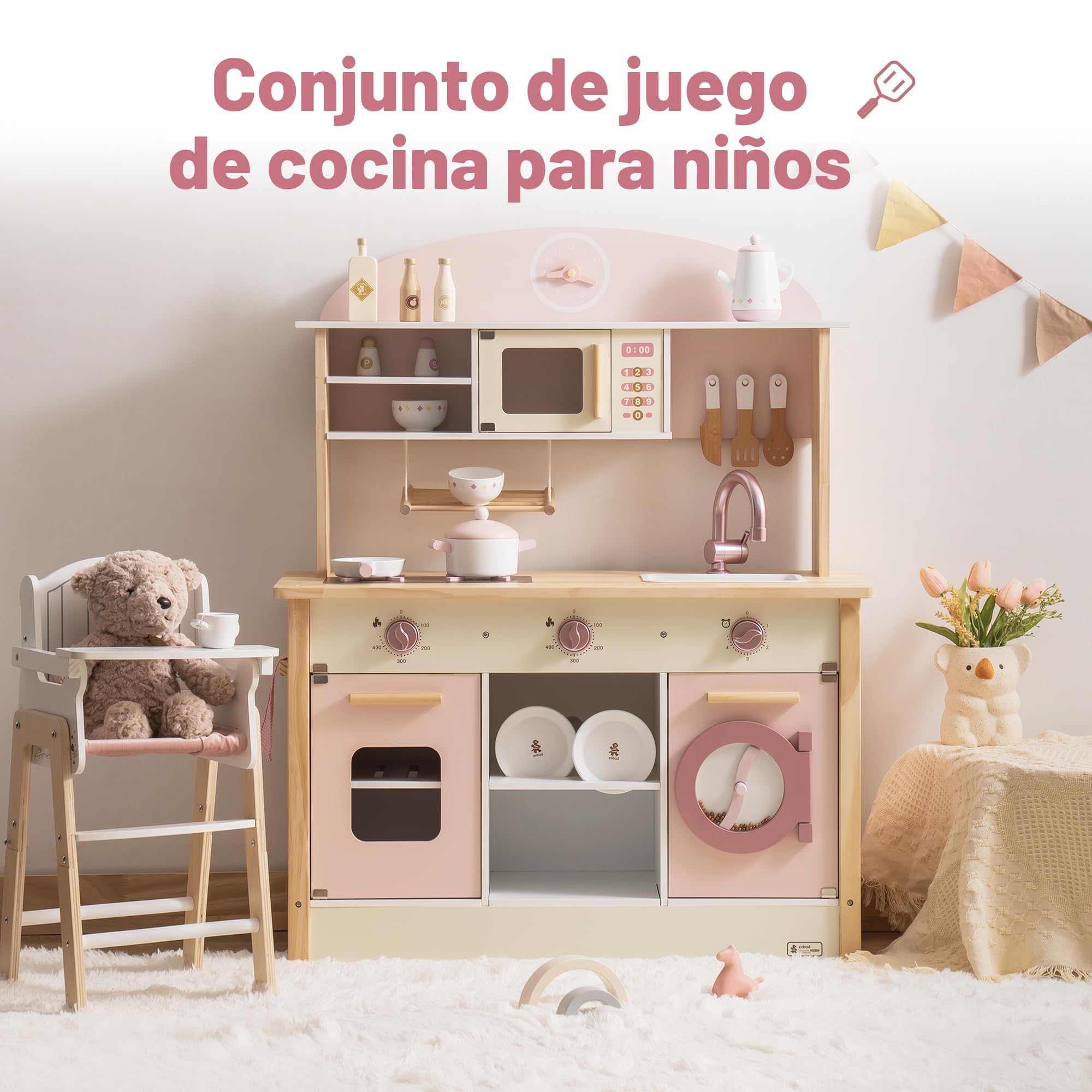 ROBUD Cocina de juguete para niños pequeños, cocina de madera con accesorios realistas, juego de cocina de juguete con muchas características de juego, cocina de juguete de estilo moderno para niñas y