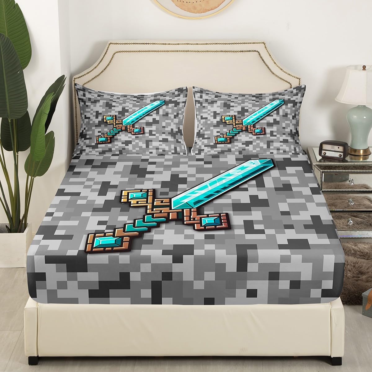 Cartoon Sword Fitted Sheet Full Size,Pixelated Themed Games Bedding Sets 3Pcs,Blue Sandbox Block Bed Sheets for Kids Boys Teens Men Room Decor,Grey Check Camo Deep Pocket Sheet,2 Pillowcases