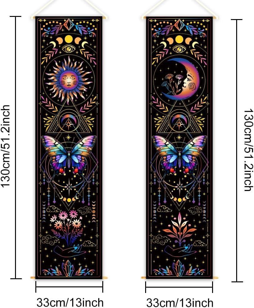 WEBEEDY 2 Pcs Colorful Butterflies UV Reactive Tapestry Sun and Moon Vertical Tapestry Aesthetic Wall Hanging Decor Long Aesthetic Tapestries for Bedroom Home Halloween Wall Art Decoration Gift, 13x51''