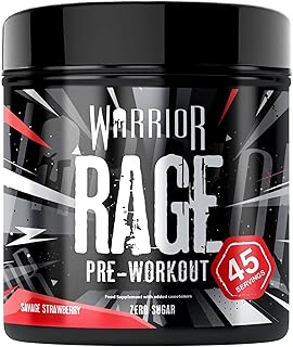 Warrior Rage Pre Workout Booster 392 g, 45 Portionen – Pre Workout Pulver mit 300 mg Koffein, Beta Alanin, Kreatin, BCAA, Taurin, Citrullin & Arginin – Savage Strawberry