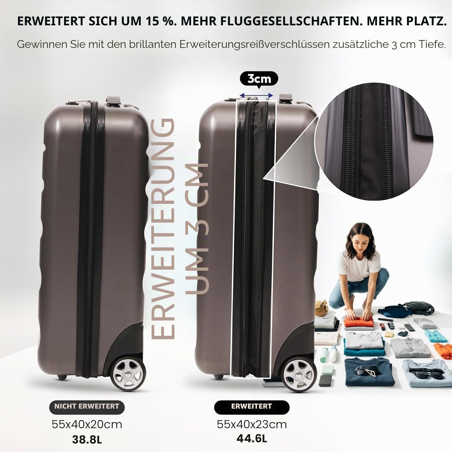 Aerolite Erweiterbar 55x40x20cm auf 55x40x23 cm Lufthansa Eurowings Ryanair Wizz Air Priorität und mehr Maximale Größe, Leichtes Hartschale Handgepäck Koffer 55x40x20 55x40x23 mit 2 Rädern