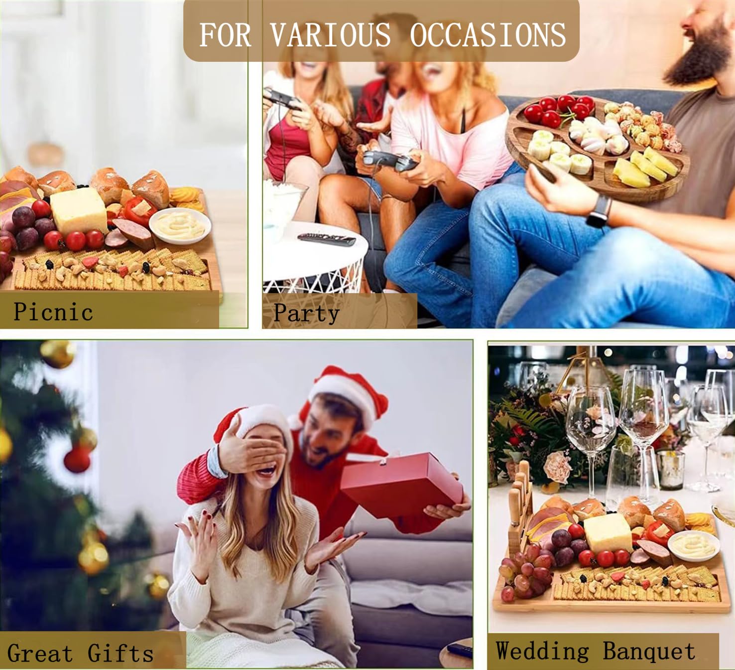 Amazon.co.jp: チーズボードとナイフセット、ラウンドトレイ付き竹